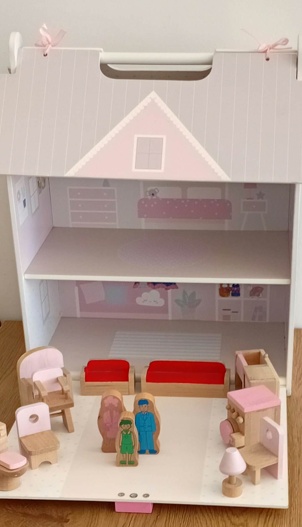 Miniature Pink Wooden Doll House with 10 Piece Wooden Accessory Set