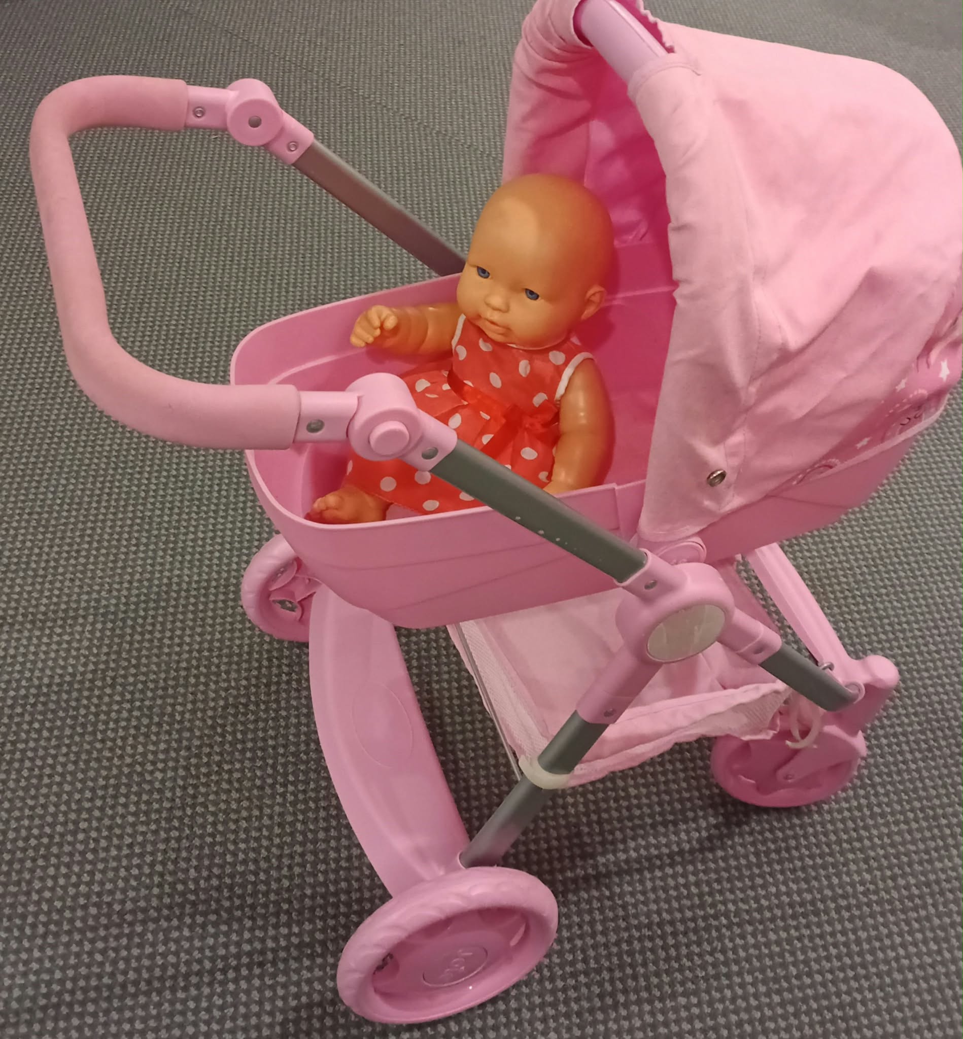 JOIE Pink Stoller with Doll and Doll in Spotted Dress